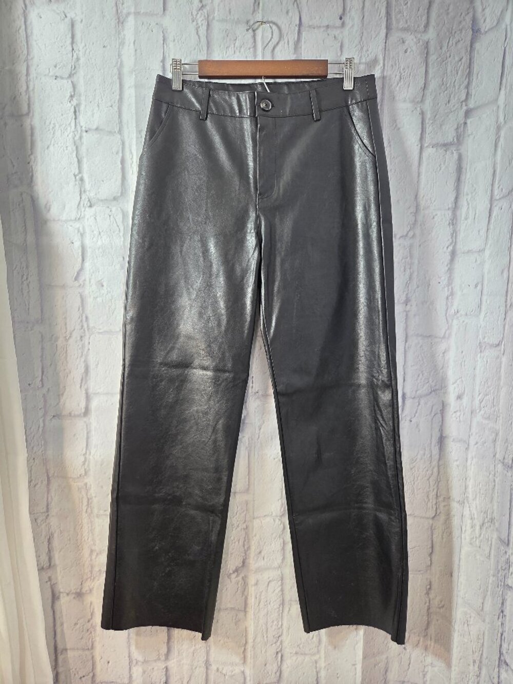 Shinestar Large Black Faux Leather Straight Leg Raw Hem Casaul Pants